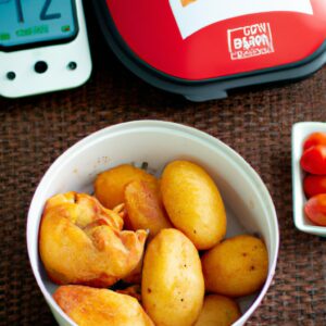 Uma foto de cima para baixo de um prato com frango e batatas cozidos na Airfryer. O frango é dourado e crocante, e as batatas são macias e fofas. O prato é guarnecido com salsa fresca.
