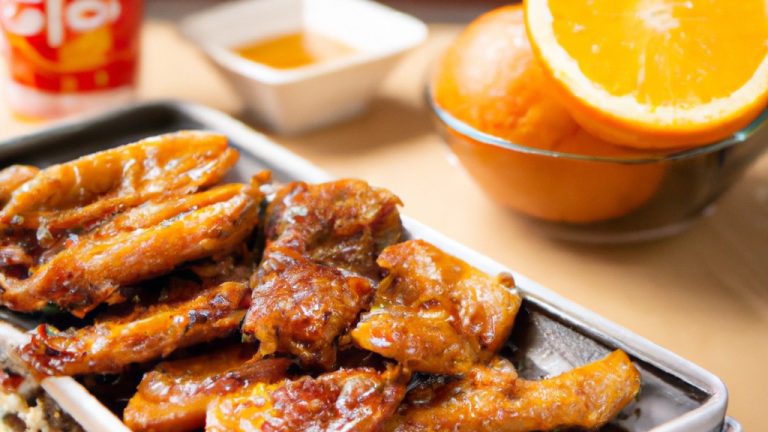 Imagem de frango dourado e crocante com fatias de laranja em uma Airfryer. O frango é coberto com um molho agridoce laranja brilhante, decorado com cebolinhas e sementes de gergelim. A Airfryer é visível ao fundo, com sua cesta removível.