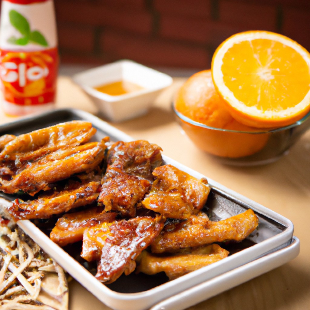 Frango Com Laranja Agridoce Oriental Na Airfryer 1 Imagem de frango dourado e crocante com fatias de laranja em uma Airfryer. O frango é coberto com um molho agridoce laranja brilhante, decorado com cebolinhas e sementes de gergelim. A Airfryer é visível ao fundo, com sua cesta removível.