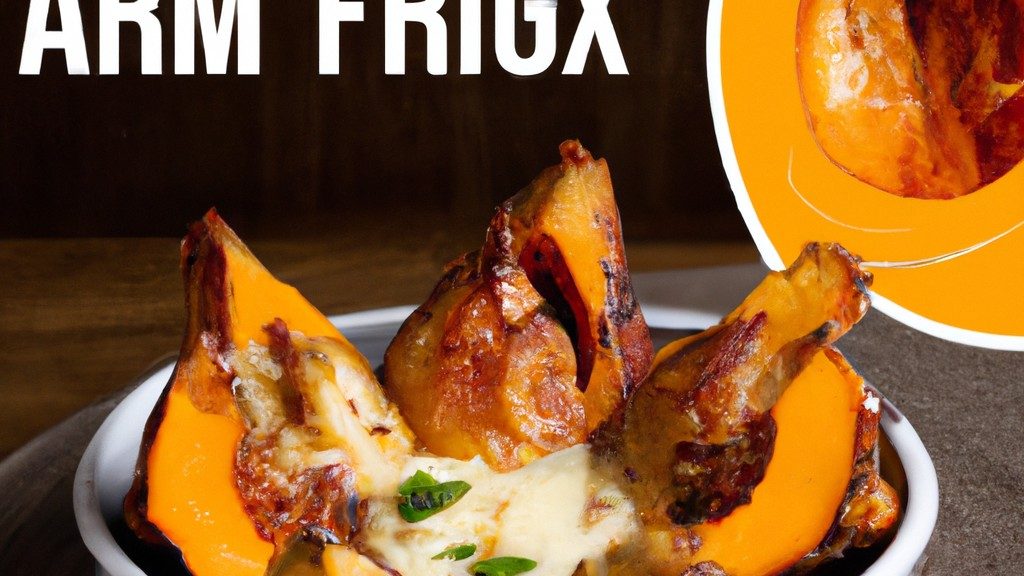 Imagem de uma moranga assada na Airfryer, recheada com frango cremoso, mostrando o recheio cremoso e o frango dourado.