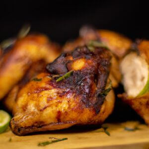 Frango desossado assado na Airfryer, com pele crocante e suculenta. O frango é temperado com ervas e especiarias, resultando em um sabor delicioso. O frango é colocado em uma cesta da Airfryer e assado até ficar cozido e dourado.