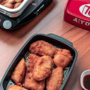 Imagem de pedaços de frango cobertos com molho teriyaki, dispostos em uma cesta de fritadeira de ar. Os pedaços de frango são dourados e crocantes, e o molho está caramelizado e brilhante.