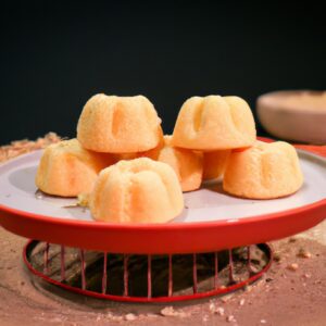 Imagem de um grand gâteau feito em airfryer. O bolo é dourado e tem uma camada crocante por cima. O interior é macio e fofo, com uma textura semelhante a um soufflé. A imagem mostra o bolo cortado em fatias, revelando seu interior leve e arejado.