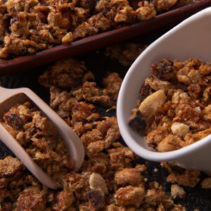 Uma imagem de granola salgada recém-assada em uma airfryer. A granola é marrom-dourada e crocante, com aveia, nozes e sementes visíveis. O fundo é uma cesta de airfryer de metal.