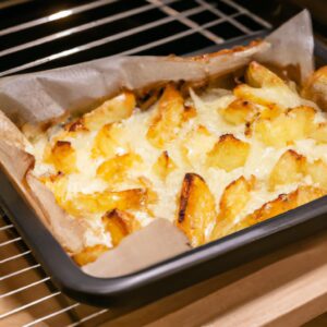 Batatas fatiadas douradas e crocantes em camadas com um cremoso molho de queijo e leite, assadas em uma airfryer até ficarem borbulhantes e deliciosas.