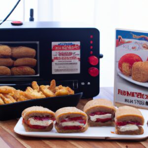 Imagem de um hambúrguer suculento e dourado cozido em uma Airfryer, com queijo derretido escorrendo pelas laterais. O hambúrguer está em um pão macio, com alface, tomate e cebola em cima.