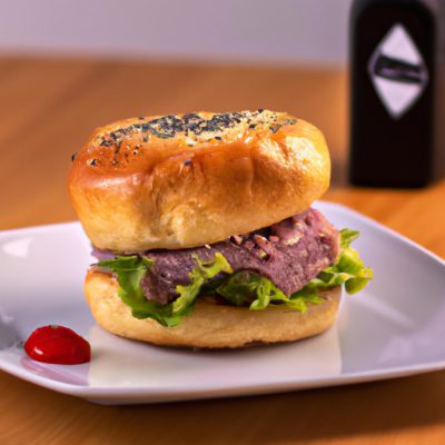 Uma imagem de um hambúrguer de atum caseiro feito em uma Airfryer. O hambúrguer é feito com atum em lata, pão ralado, ovo, cebola e temperos. É cozido em uma Airfryer até ficar dourado e crocante por fora e macio e suculento por dentro. O hambúrguer é servido em um pão com alface, tomate e cebola roxa.