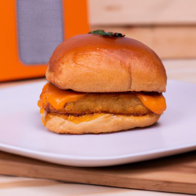 Imagem de um delicioso hambúrguer de frango recém-preparado em uma Airfryer. O hambúrguer é empanado com farinha de rosca crocante e dourada, e coberto com queijo derretido, alface fresca, tomate e cebola roxa. O fundo da imagem mostra a cesta da Airfryer, com o hambúrguer perfeitamente cozido e suculento.