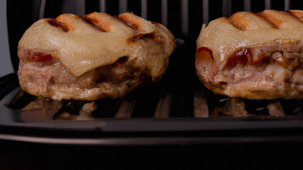 Imagem de um hambúrguer suculento e perfeitamente grelhado em uma Airfryer, servido em um pão macio com alface crocante, tomate fresco, cebola roxa e queijo derretido.