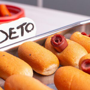 Imagem de um hot dog dourado e crocante frito em uma Airfryer. O hot dog é colocado em um prato com mostarda e ketchup ao lado.