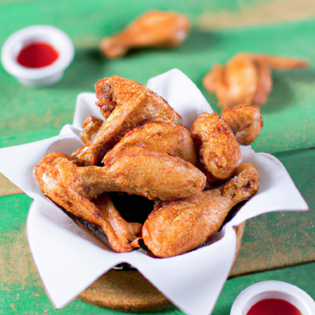 Iscas De Frango Na Airfryer 1 Fotografia de iscas de frango crocantes e douradas servidas em um prato. As iscas são polvilhadas com temperos e cobertas com um molho vermelho. O fundo é um plano de fundo escuro com uma tábua de cortar de madeira ao lado.