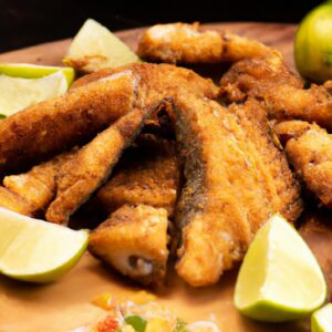 Uma foto de uma airfryer cheia de iscas de peixe empanadas. As iscas são douradas e crocantes, e estão dispostas em uma única camada na cesta da airfryer.
