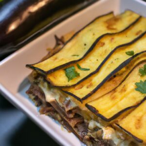 Imagem de uma lasanha de berinjela ou abobrinha feita na Airfryer. A lasanha tem várias camadas de berinjela ou abobrinha fatiadas, molho à bolonhesa, queijo e molho branco. A lasanha é assada até dourar e borbulhar.