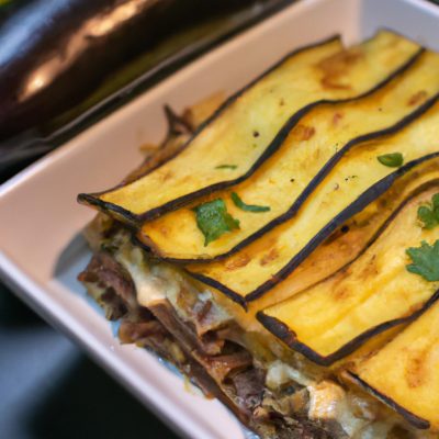 Imagem de uma lasanha de berinjela ou abobrinha feita na Airfryer. A lasanha tem várias camadas de berinjela ou abobrinha fatiadas, molho à bolonhesa, queijo e molho branco. A lasanha é assada até dourar e borbulhar.