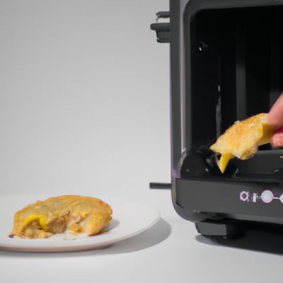Imagem de uma lasanha cozida em uma Airfryer. A lasanha é cortada em fatias e colocada em uma assadeira. A parte superior da lasanha está dourada e borbulhante, e o queijo está derretido e escorrendo pelas laterais.
