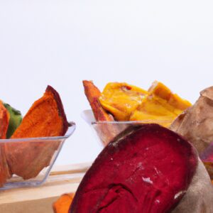 Imagem de legumes congelados cozidos em uma airfryer. Os legumes incluem brócolis, cenoura, couve-flor e pimentão vermelho. Eles estão dispostos em um padrão em uma cesta de airfryer. Os legumes estão dourados e crocantes.