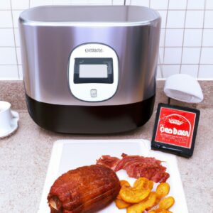 Imagem mostra um prato com lombinho frito na Airfryer. O lombinho está dourado e crocante, com algumas ervas e especiarias polvilhadas por cima. O prato é acompanhado por um molho de mostarda ao lado.
