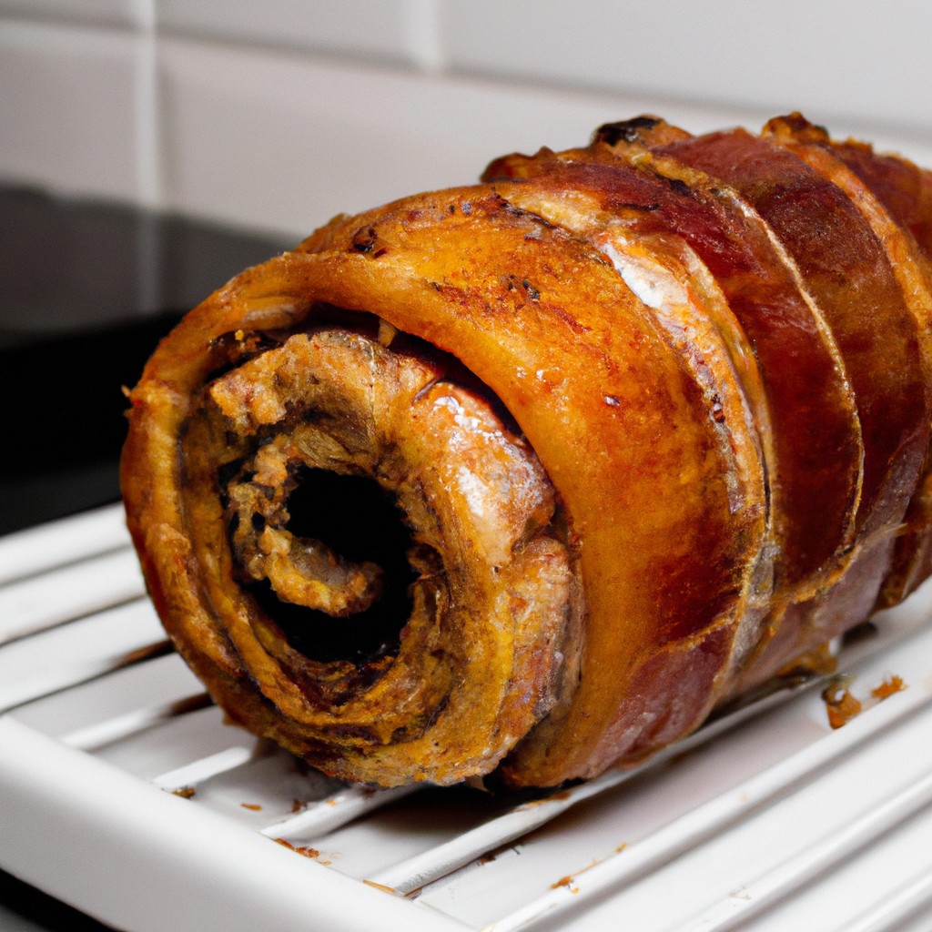 Lombo Recheado Na Airfryer 1 Imagem de um lombo recheado cozido em uma Airfryer. O lombo é dourado e crocante por fora, e o recheio é visível através de uma fenda no topo. O recheio é uma mistura de vegetais, ervas e especiarias.