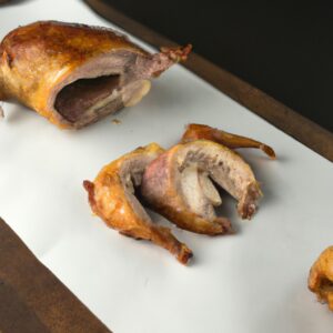 Imagem de um peito de pato suculento e dourado cozido em uma Airfryer. A pele é crocante e o interior é tenro e rosado. O prato é guarnecido com ervas frescas e limão.
