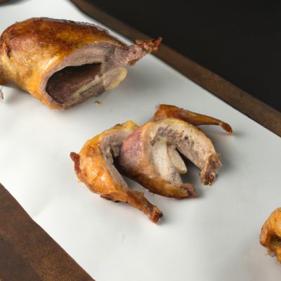 Imagem de um peito de pato suculento e dourado cozido em uma Airfryer. A pele é crocante e o interior é tenro e rosado. O prato é guarnecido com ervas frescas e limão.