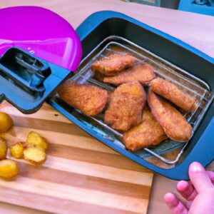Imagem de três pratos diferentes cozidos em uma Airfryer, incluindo batatas fritas douradas, frango frito crocante e um bolo de chocolate com cobertura derretida.