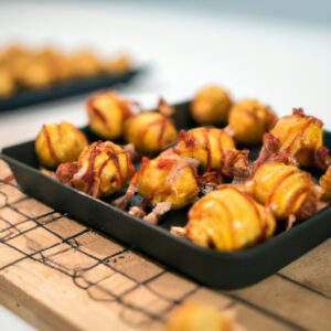 Uma foto aproximada de mini batatinhas douradas e crocantes em uma tigela, cobertas com cheddar derretido e pedaços de bacon crocante. As batatinhas são cozidas na Airfryer, resultando em uma textura perfeitamente crocante por fora e macia por dentro.