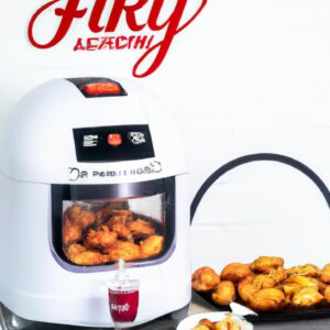Imagem de uma airfryer com um mini sonho dentro dela. O sonho é pequeno e redondo, com uma crosta dourada e um interior macio e fofo. A airfryer é preta e retangular, com uma cesta de metal dentro.