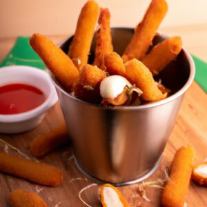 Palitos de mussarela fritos em uma airfryer, crocantes e dourados, servidos com molho de tomate para mergulhar.