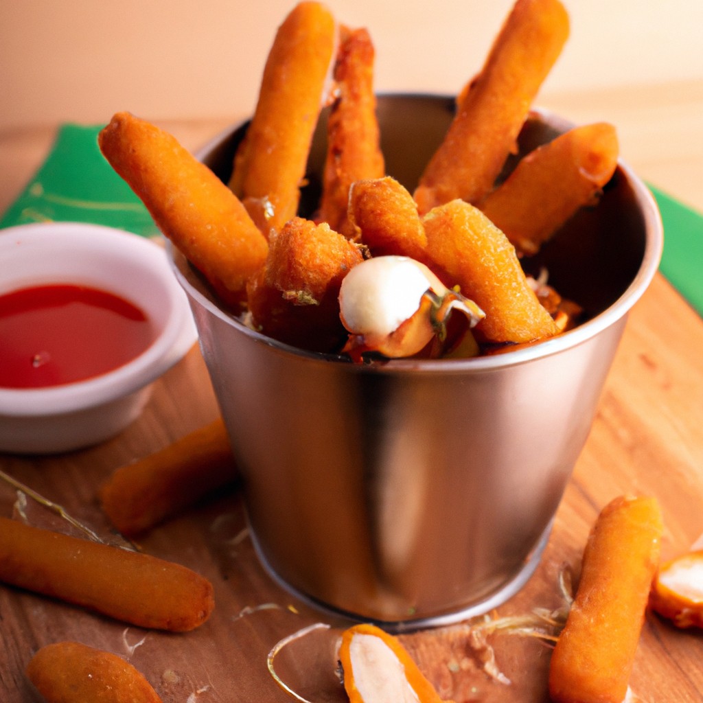 Palitos de mussarela fritos em uma airfryer, crocantes e dourados, servidos com molho de tomate para mergulhar.