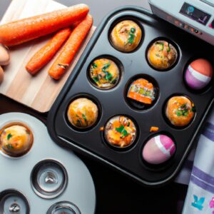 Foto de uma cesta de airfryer cheia de muffins de ovo cozidos com vegetais. Os muffins são feitos com ovos, queijo e vegetais como brócolis, espinafre e cenoura. Eles são dourados e crocantes por fora e macios e fofos por dentro.