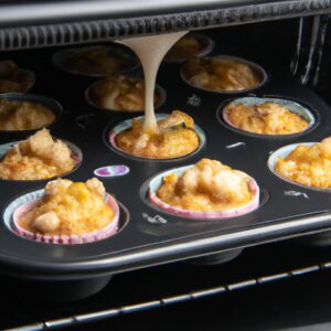 Foto de muffins de sardinha recém-assados em uma cesta de metal da Airfryer. Os muffins são dourados e crocantes, com uma cobertura de queijo derretido. No fundo, há uma tábua de cortar com um pote de farinha, uma lata de sardinhas e um raminho de endro.