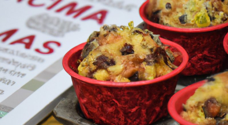 Imagem de muffins natalinos caseiros quentes e fumegantes feitos na Airfryer. Os muffins são decorados com glacê branco e vermelho e cobertos com granulado festivo. Eles estão dispostos em uma cesta forrada com papel manteiga, cercados por pinhas e azevinho.