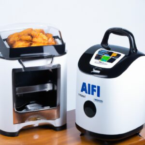 Alt da imagem: Imagem de uma airfryer dupla Mondial Nova Dual Airfryer. O aparelho é preto e prata, com duas gavetas de ar quente independentes. Cada gaveta possui uma capacidade de 3,2 litros e pode ser ajustada para diferentes temperaturas e tempos de cozimento. A airfryer possui uma tela de LED digital que exibe o tempo e a temperatura de cozimento.