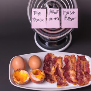 Imagem de uma cesta de fritadeira cheia de ovos cozidos e bacon, com um garfo ao lado.
