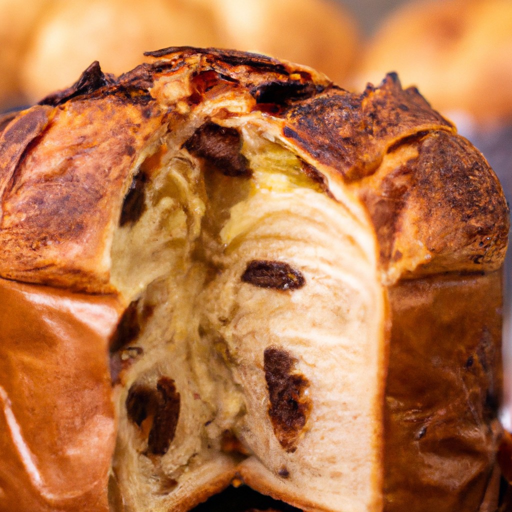 Panetone Ou Chocotone Na Airfryer 1 Imagem de um panetone ou chocotone assado em uma airfryer. O pão doce tem uma crosta dourada e um interior fofo e arejado. Ele é decorado com frutas cristalizadas e nozes.