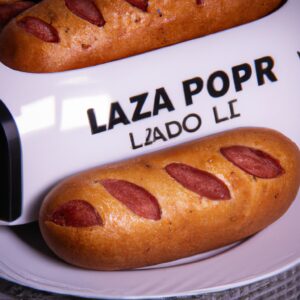 Imagem de um prato com pão recheado com linguiça, cozido em uma Airfryer. O pão é dourado e crocante, e a linguiça é suculenta e saborosa.