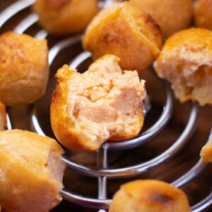 Foto de pãozinho assado na Airfryer, cortado ao meio e recheado com cebola caramelizada. O pão tem uma crosta crocante e dourada, enquanto o interior é macio e fofo. A cebola é doce e caramelizada, adicionando um sabor delicioso ao pão.
