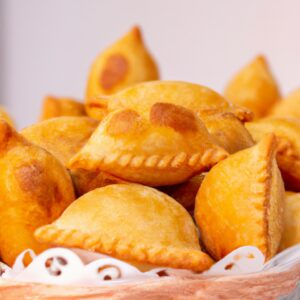 Imagem de um prato de pastel caseiro frito na airfryer. O pastel é feito com massa caseira e recheado com uma mistura de carne moída, cebola, tomate e temperos. O pastel é frito até dourar e ficar crocante.