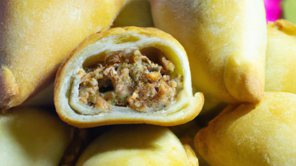 Imagem de um pastel de angu frito na airfryer, com recheio de carne moída e requeijão. O pastel está dourado e crocante, com bordas levemente enrugadas. O recheio é visível através de uma abertura na parte superior do pastel.