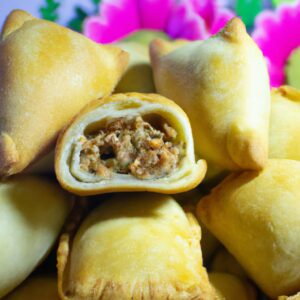 Imagem de um pastel de angu frito na airfryer, com recheio de carne moída e requeijão. O pastel está dourado e crocante, com bordas levemente enrugadas. O recheio é visível através de uma abertura na parte superior do pastel.