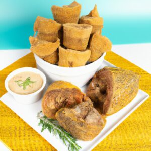 Imagem de um prato com peixe frito em formato de porquinho, preparado na airfryer. O peixe é dourado e crocante, com olhos, nariz e orelhas feitos de azeitonas e cenouras.