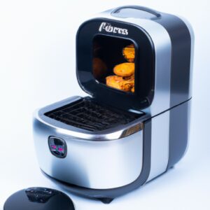 Imagem de uma fritadeira de ar quente, um aparelho de cozinha que permite fritar alimentos sem usar óleo. A fritadeira tem um cesto de fritura removível e um painel de controlo com vários botões e um visor digital.