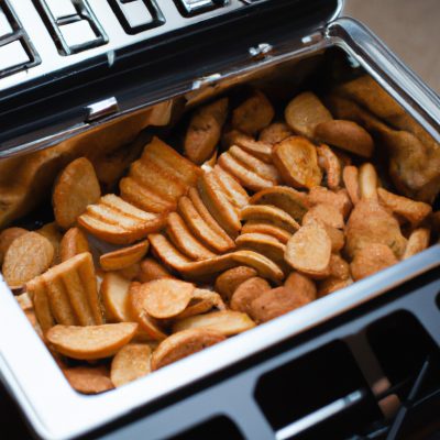 Imagem de petiscos folhados dourados e crocantes cozidos na Airfryer. Os pastéis folham são recheados com uma variedade de ingredientes, incluindo queijo, presunto, vegetais e carne. Eles são servidos em um prato branco com um fundo de madeira.