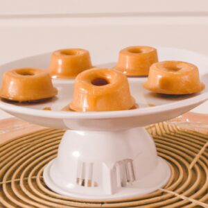 Uma fotografia de um petit gateau de doce de leite feito na Airfryer. O petit gateau é redondo e tem uma crosta dourada. Está coberto com uma generosa porção de doce de leite e tem um coração derretido e pegajoso.
