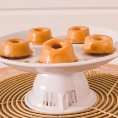 Uma fotografia de um petit gateau de doce de leite feito na Airfryer. O petit gateau é redondo e tem uma crosta dourada. Está coberto com uma generosa porção de doce de leite e tem um coração derretido e pegajoso.