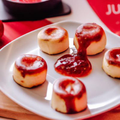 Uma foto de uma airfryer aberta com um petit gateau de queijo com goiabada dentro. O petit gateau tem uma crosta dourada e um centro cremoso. A goiabada está por cima do petit gateau, criando um contraste de cores.