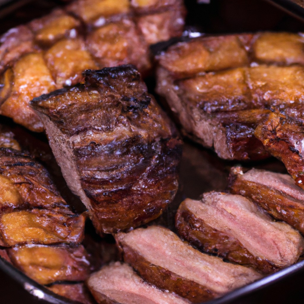 Picanha Na Airfryer 1 Picanha suculenta e grelhada preparada na Airfryer, mostrando sua superfície externa crocante e interior macio e rosado. A picanha é apresentada em um prato, acompanhada por uma guarnição de legumes grelhados.