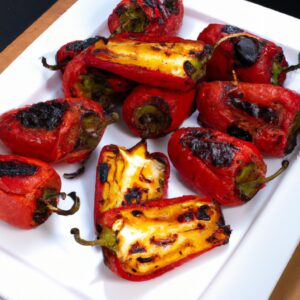 Imagem de pimentões recheados cozidos em uma Airfryer. Os pimentões são verdes, vermelhos e amarelos e são recheados com uma mistura de arroz, carne moída e legumes. Os pimentões são dispostos em uma cesta de Airfryer e são cozidos até que estejam macios e o recheio esteja cozido.