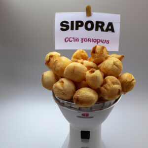 Imagem de uma tigela de pipocas de suspiro crocantes e douradas, feitas na Airfryer. Elas são cobertas com açúcar de confeiteiro e têm uma textura leve e arejada. A imagem mostra o método fácil de fazer a sobremesa na Airfryer, resultando no suspiro mais simples e delicioso do mundo.