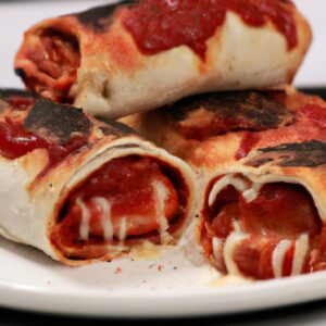 Foto de uma pizza enrolada cozida em uma airfryer. A pizza tem uma crosta dourada e crocante, e está recheada com queijo derretido, pepperoni e outros ingredientes.